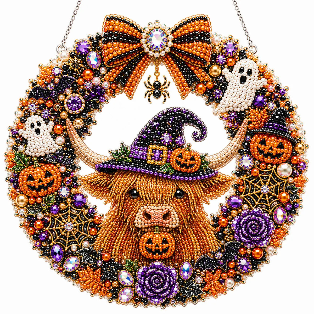 Diamond Painting Acrylic Halloween Highland Cow Wreath Pendant For Home Wall, Door & Window Decoration