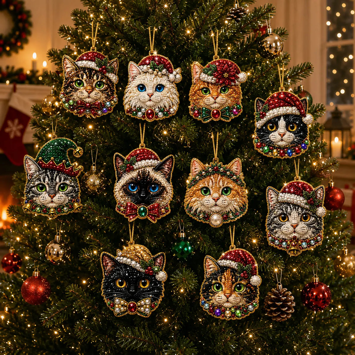 10Pcs Diamond Painting Acrylic Cat Christmas Tree Ornament for Decorations