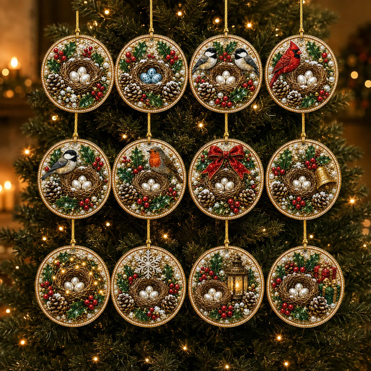 12 Pcs Diamond Painting PET Single-sided Xmas Birds Christmas Tree Hanging Ornaments