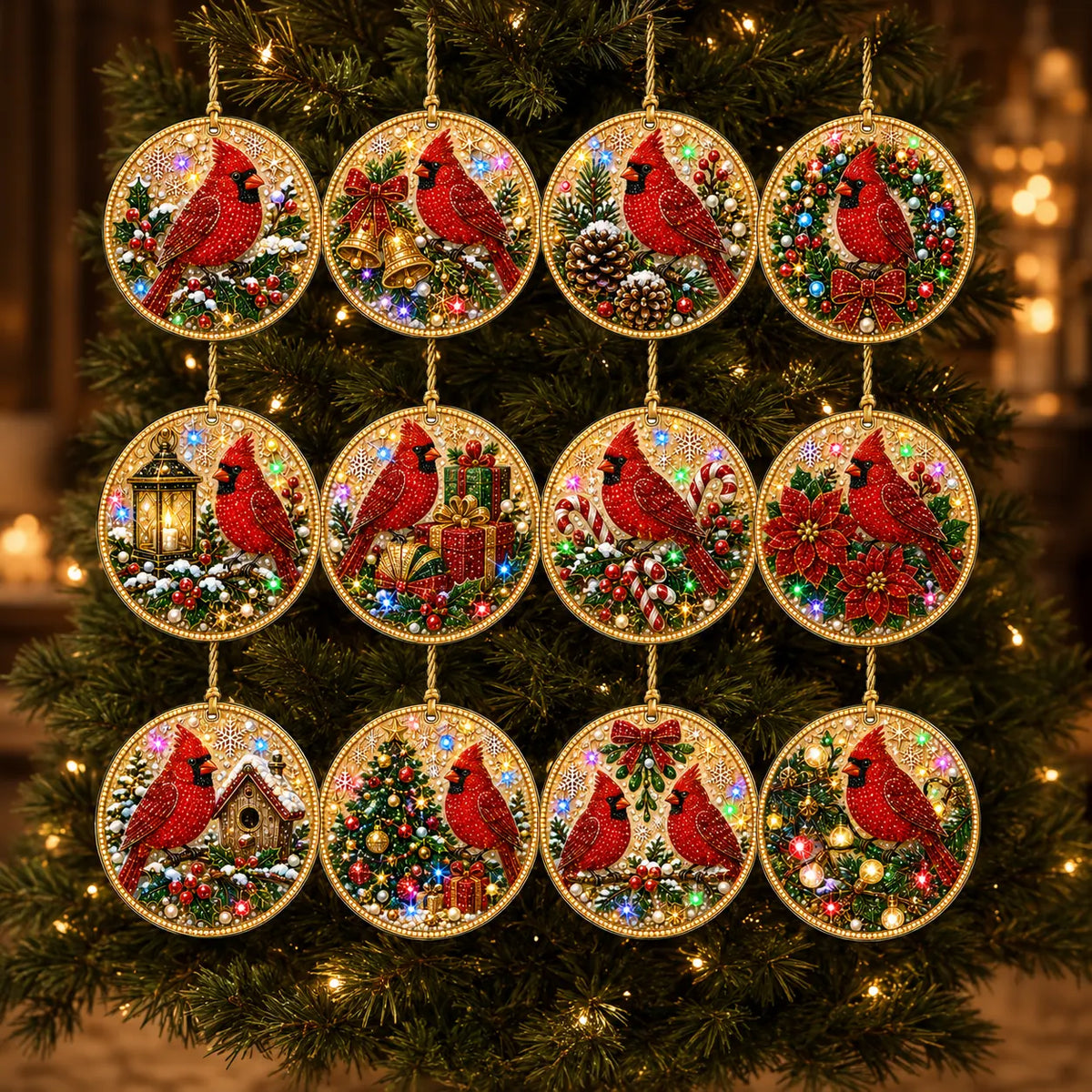12 Pcs Diamond Painting PET Single-sided Xmas Cardinal Christmas Tree Hanging Ornaments