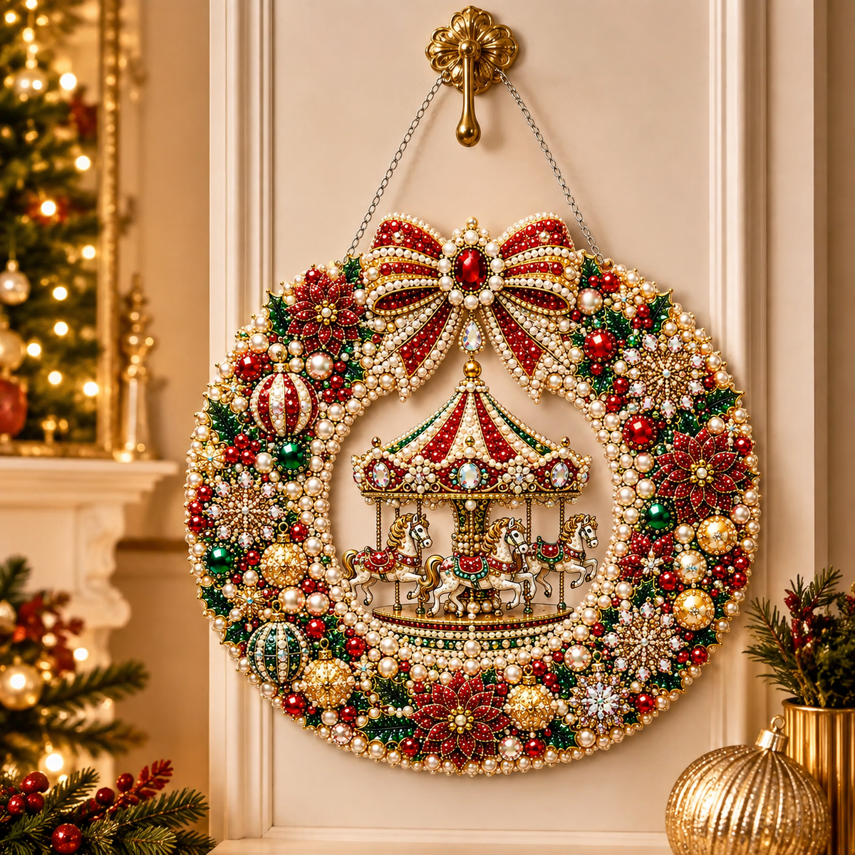 Diamond Painting Acrylic Christmas Carousel Wreath Pendant For Home Wall, Door & Window Decoration