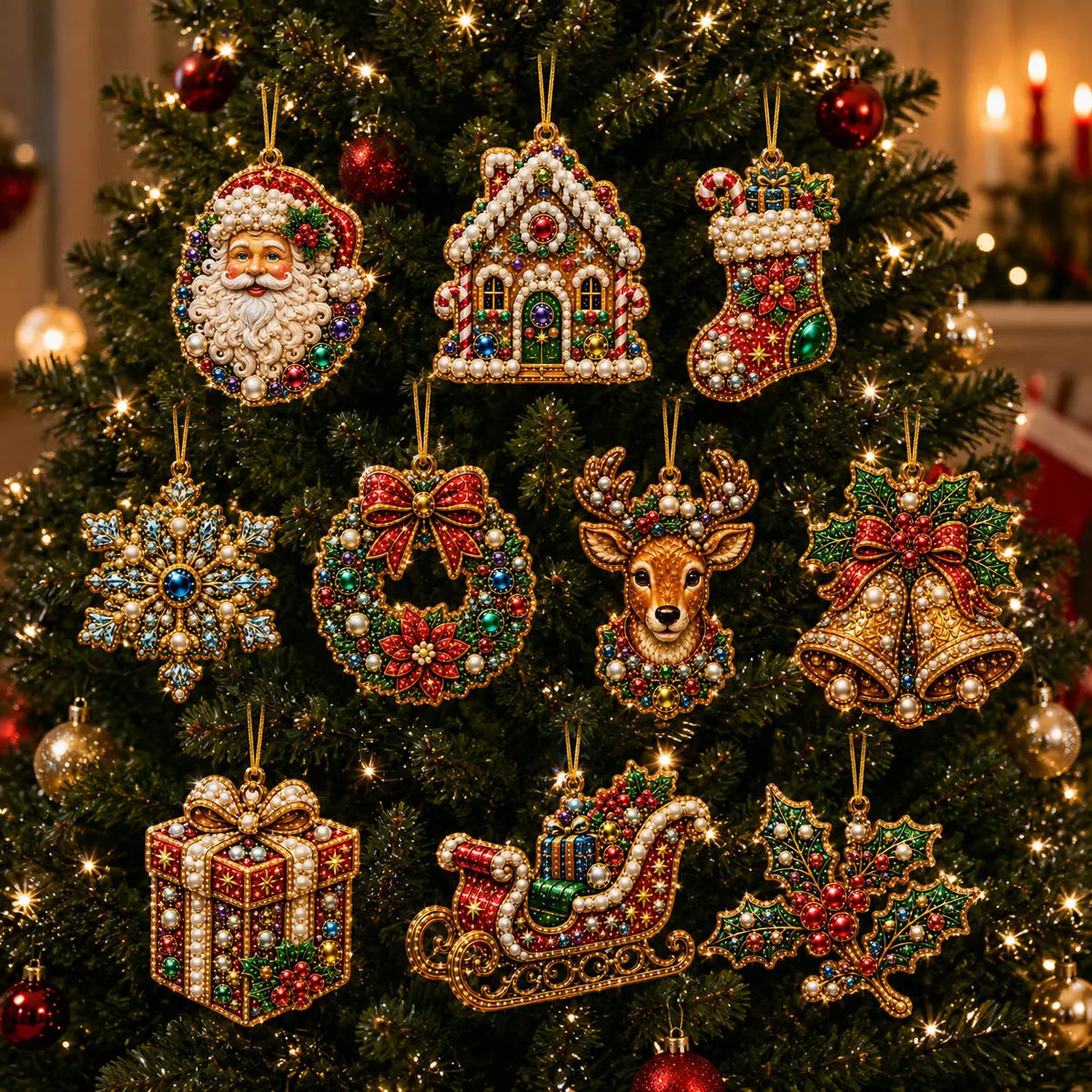 10Pcs Diamond Painting Acrylic Christmas Tree Ornament for Decorations