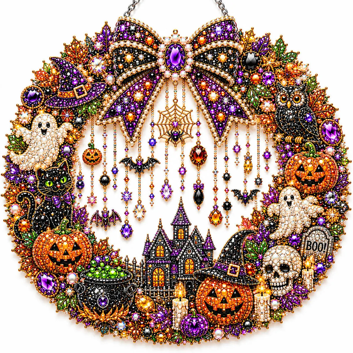 Diamond Painting Acrylic Halloween Wreath Pendant For Home Wall, Door & Window Decoration