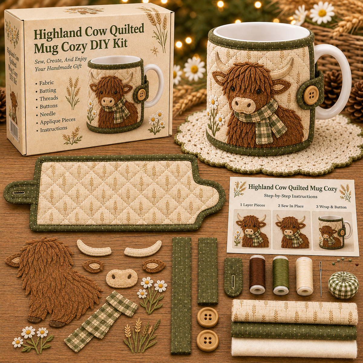🐮 Highland Cow Farmhouse Friends Mug Cozy Sewing Kit