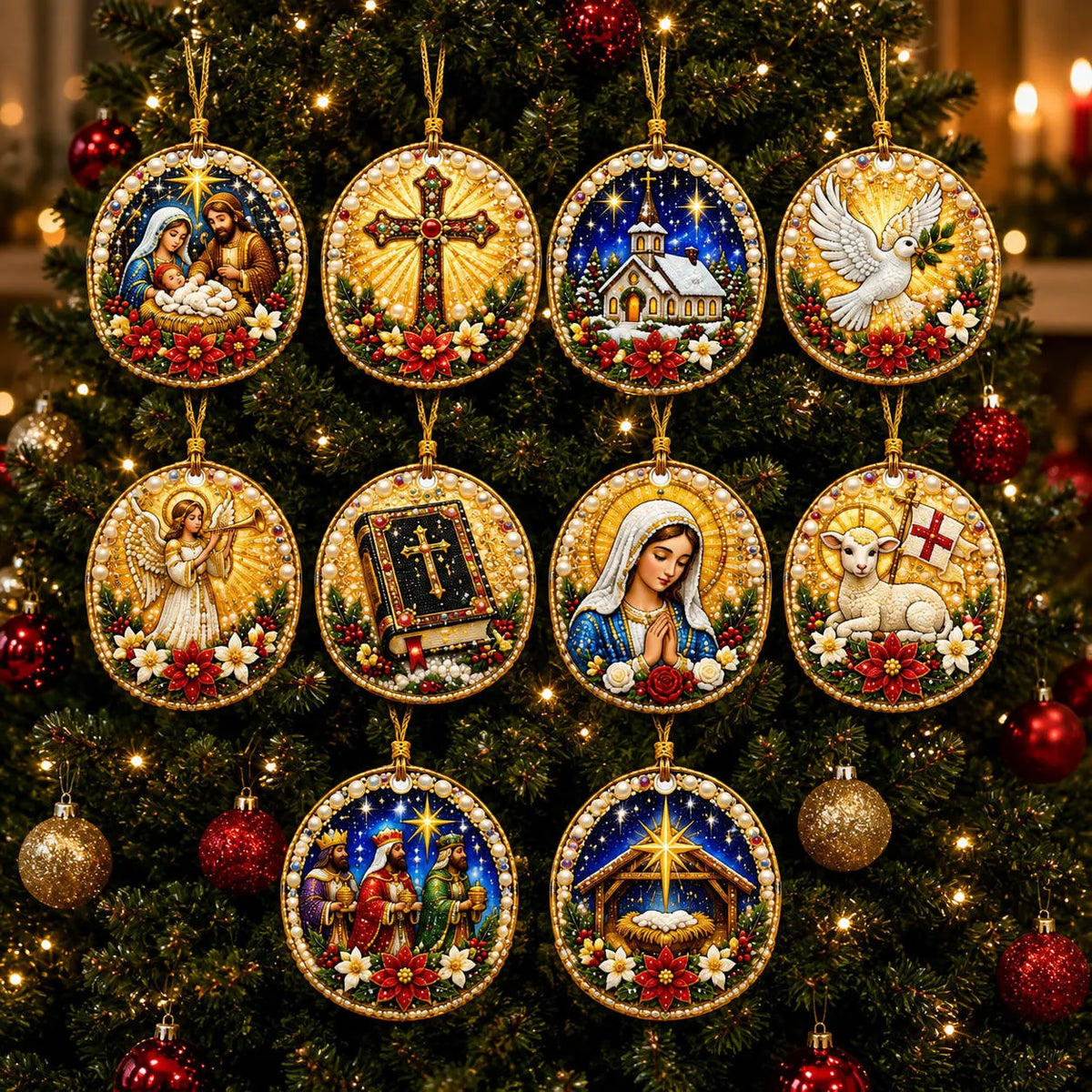 10Pcs Diamond Painting Acrylic Jesus Christmas Tree Ornament for Decorations