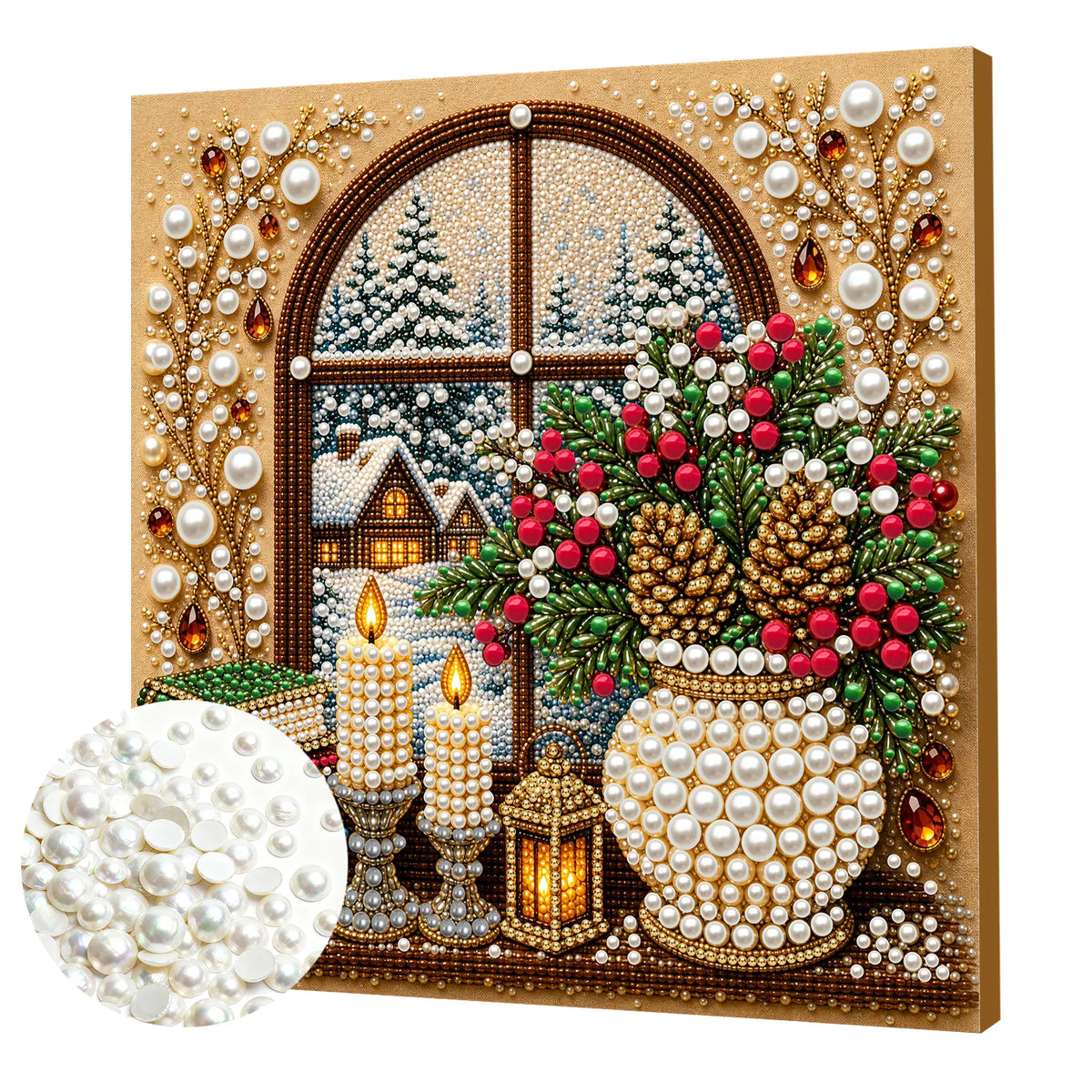 DIY Pearl Painting Christmas Window View with Frame(20x20cm)