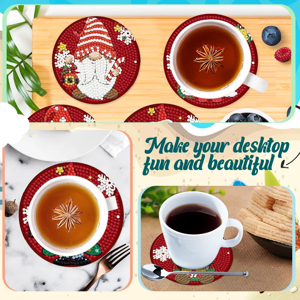8PCS Diamond Painting Art Coaster Kit Full Drill Coaster(Wooden Christmas Gnome)