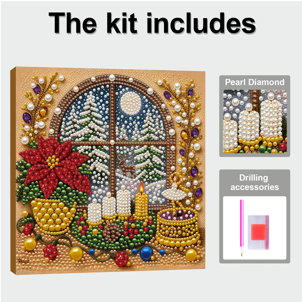 DIY Pearl Painting Christmas Window View with Frame(20x20cm)