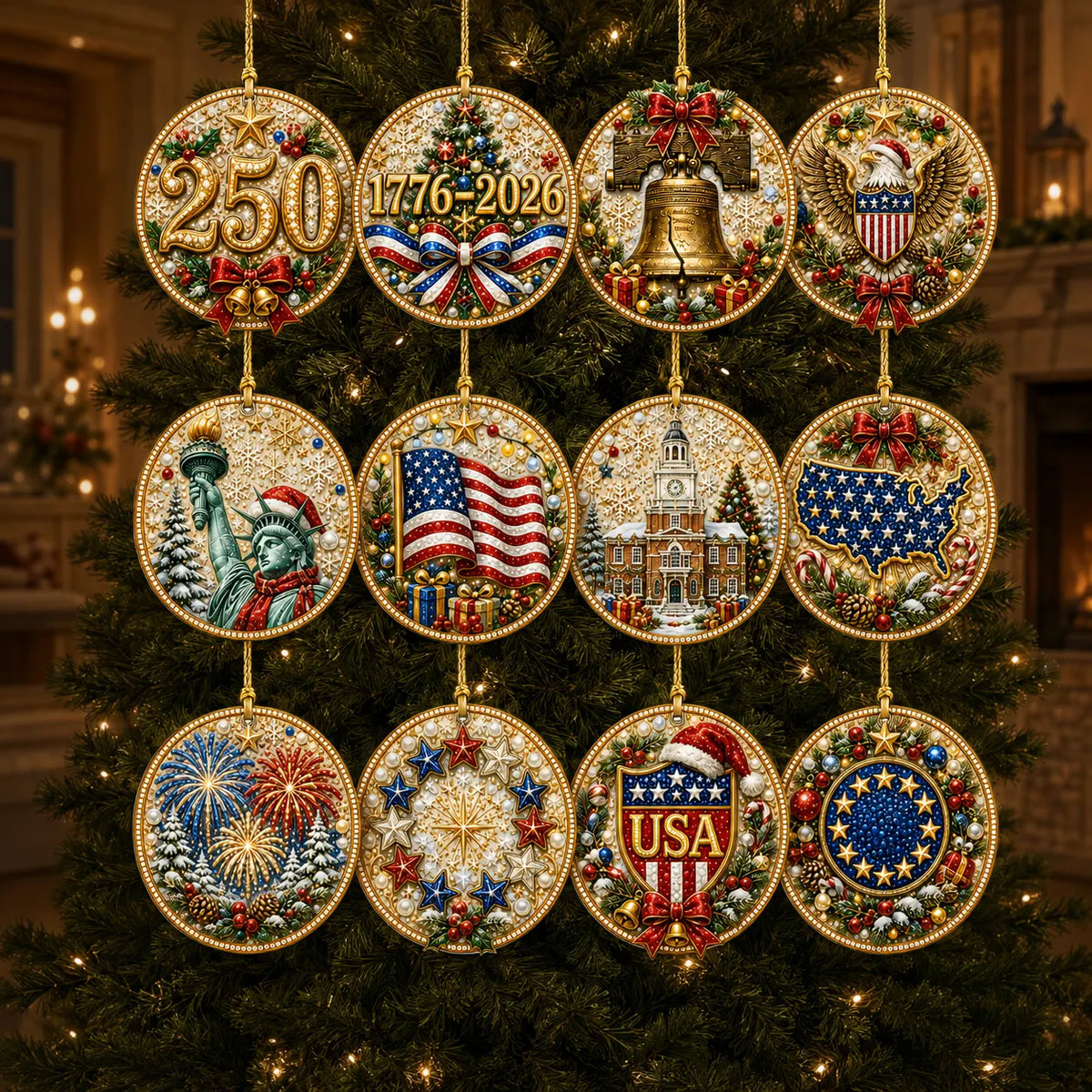 12 Pcs Diamond Painting PET Single-sided Xmas 250th Anniversary Christmas Tree Hanging Ornaments