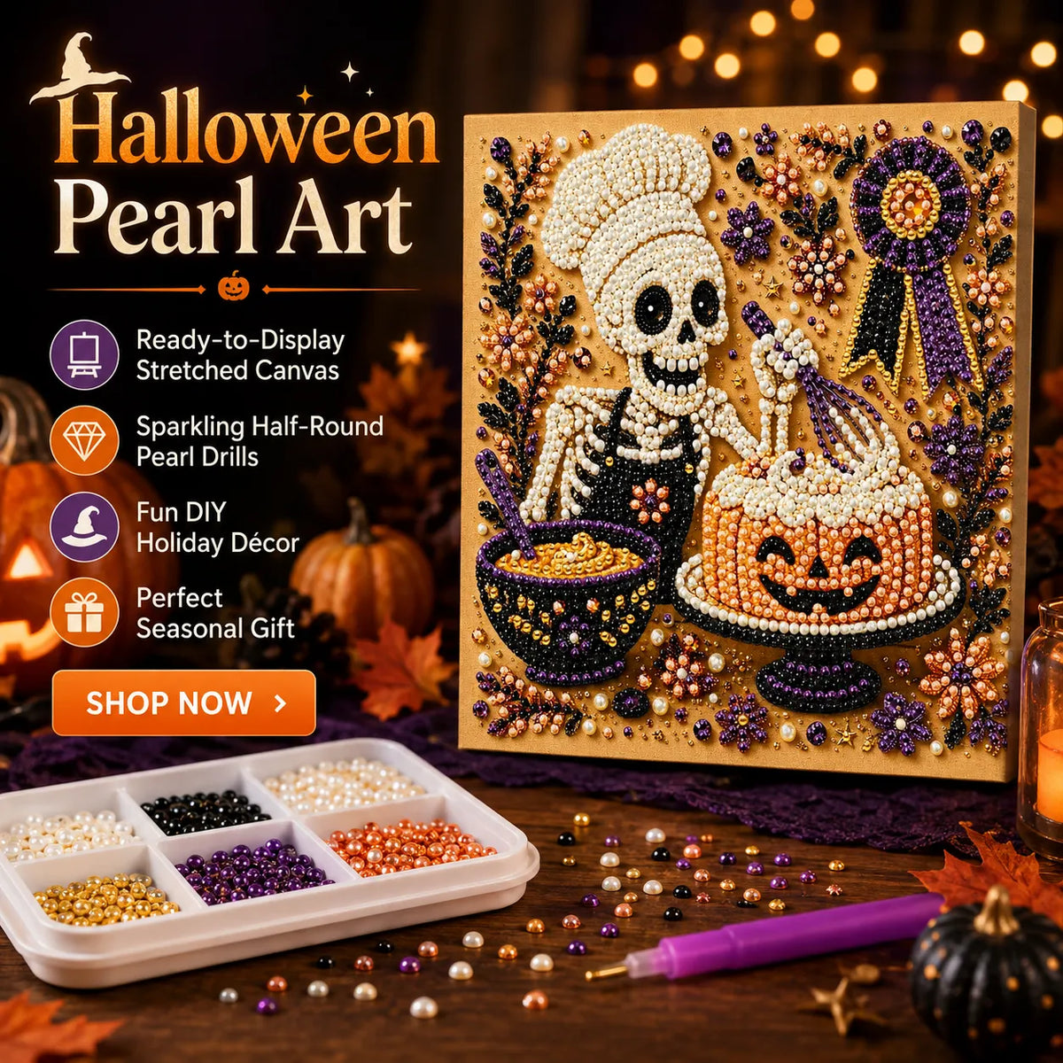DIY Pearl Painting Halloween Cuisine with Frame(20x20cm)