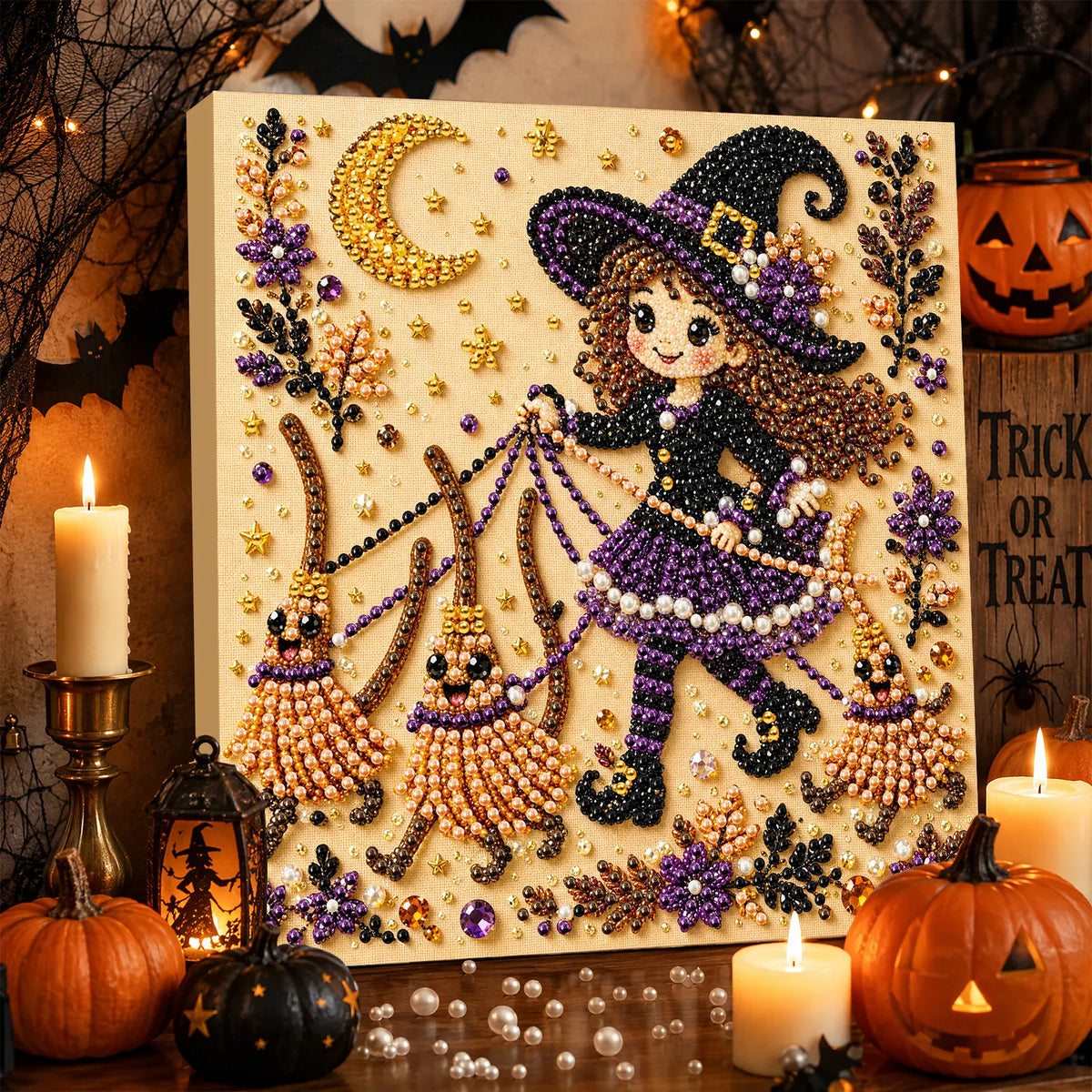 DIY Pearl Painting Halloween Witch with Frame(20x20cm)