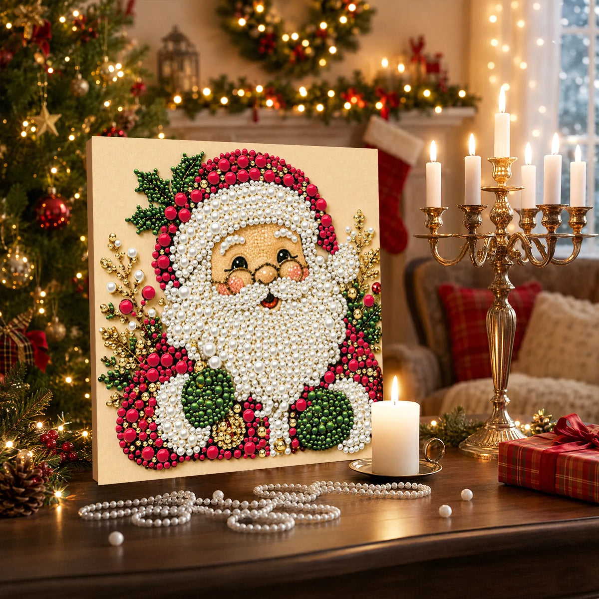 DIY Pearl Painting Santa Claus with Frame(20x20cm)
