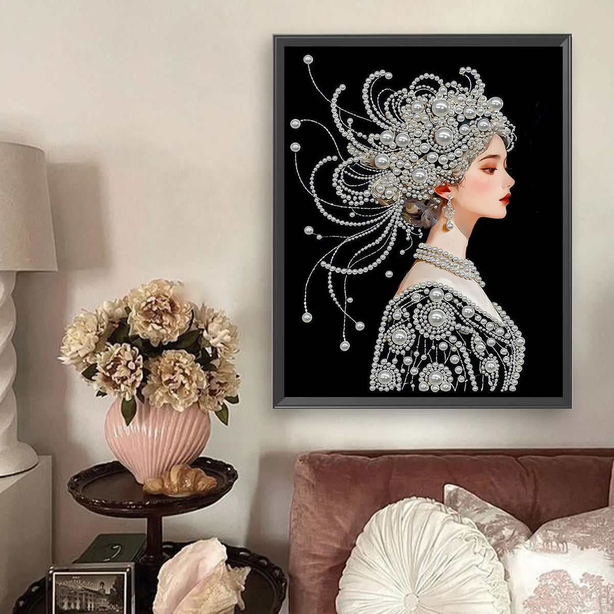 Upgrade Pearl Elegant Lady DIY Premium 5D Diamond Painting Kit Black & White Pearls painting Sparkling Special Shaped Diamond painting