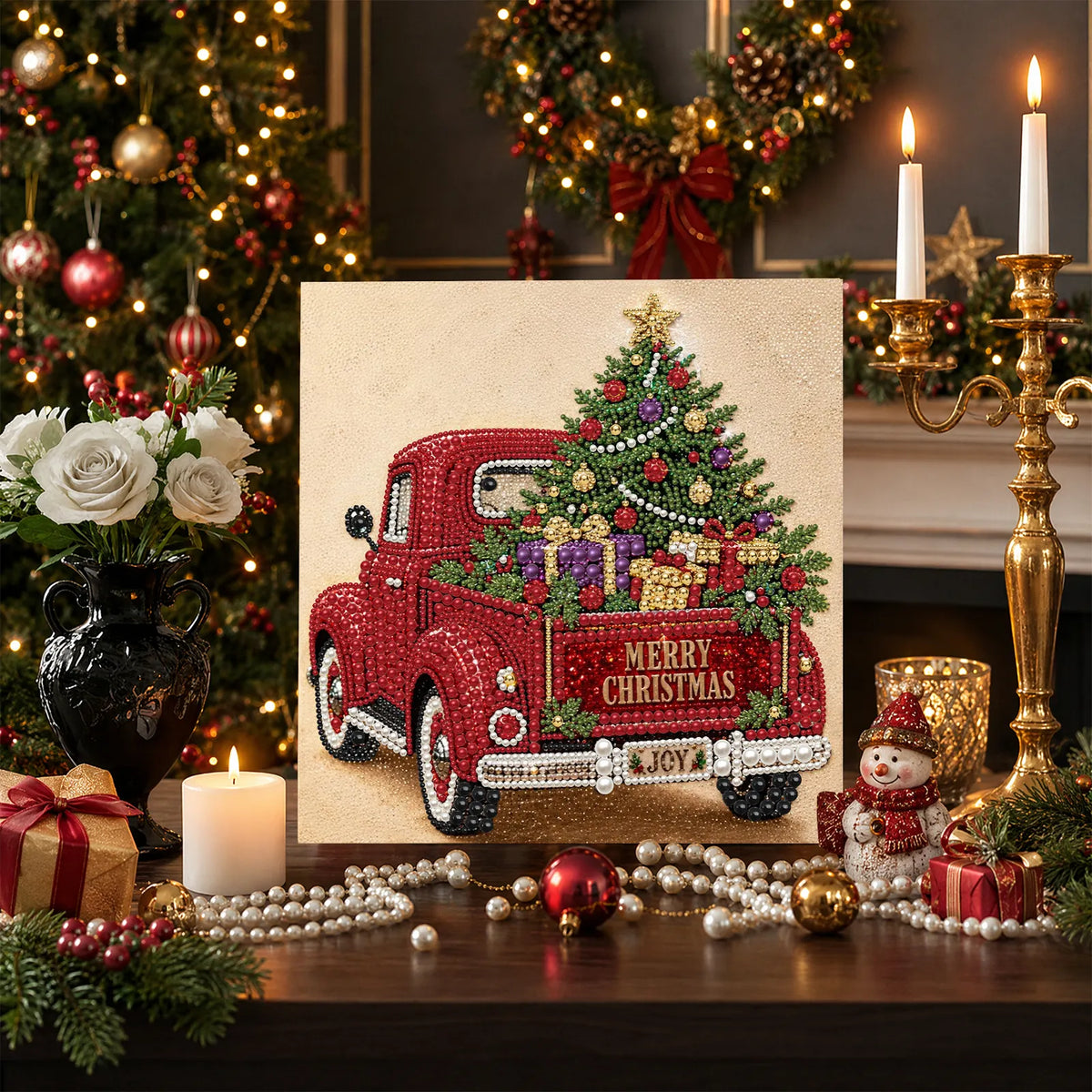 DIY Pearl Painting Christmas Red Car with Frame(30x30cm)