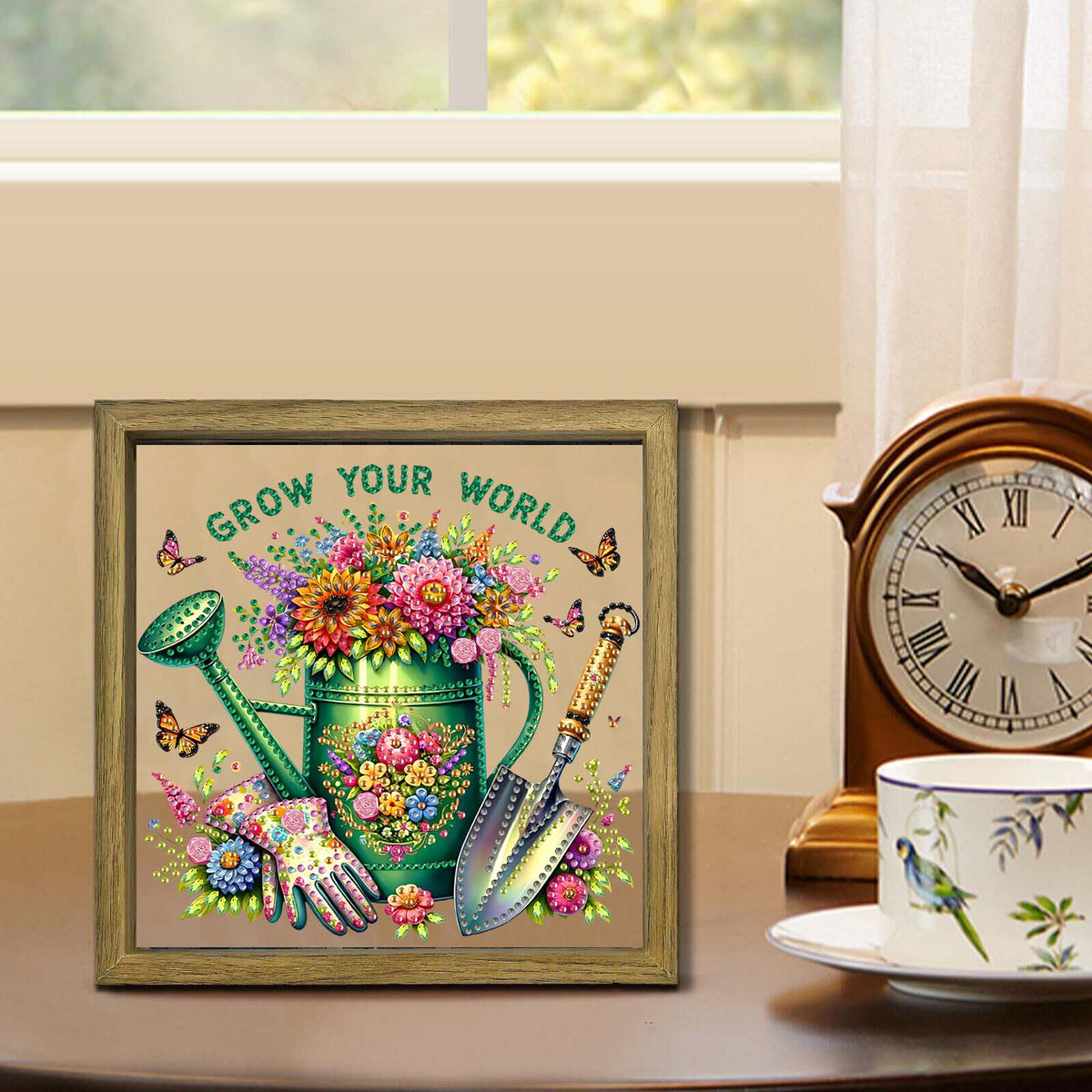 Watering Can DIY Special Shape Double sided Print Clear Diamond Art Kit Wooden Framed Diamond Painting Kit(22x22cm)