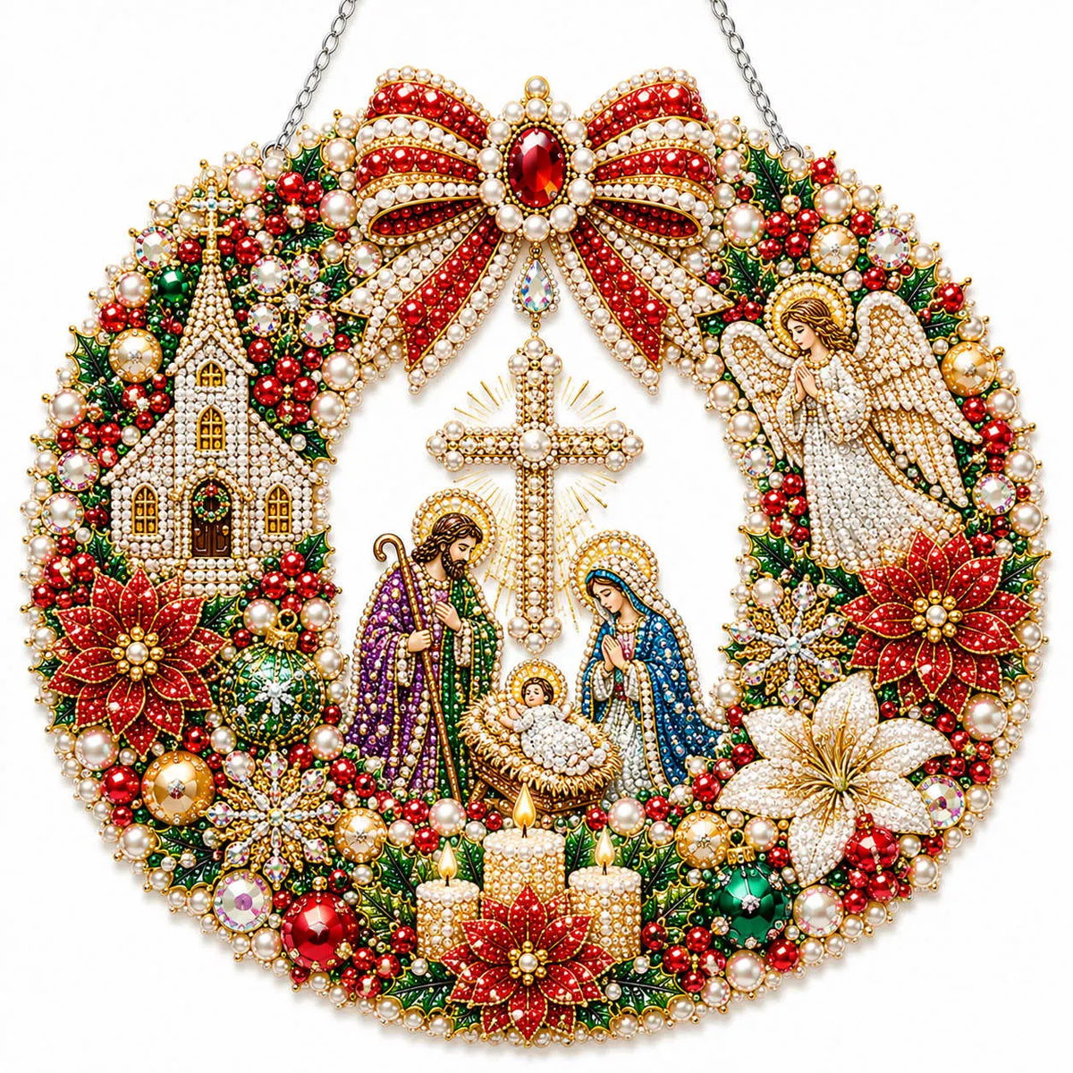 Diamond Painting Acrylic Christmas Religious Wreath Pendant For Home Wall, Door & Window Decoration