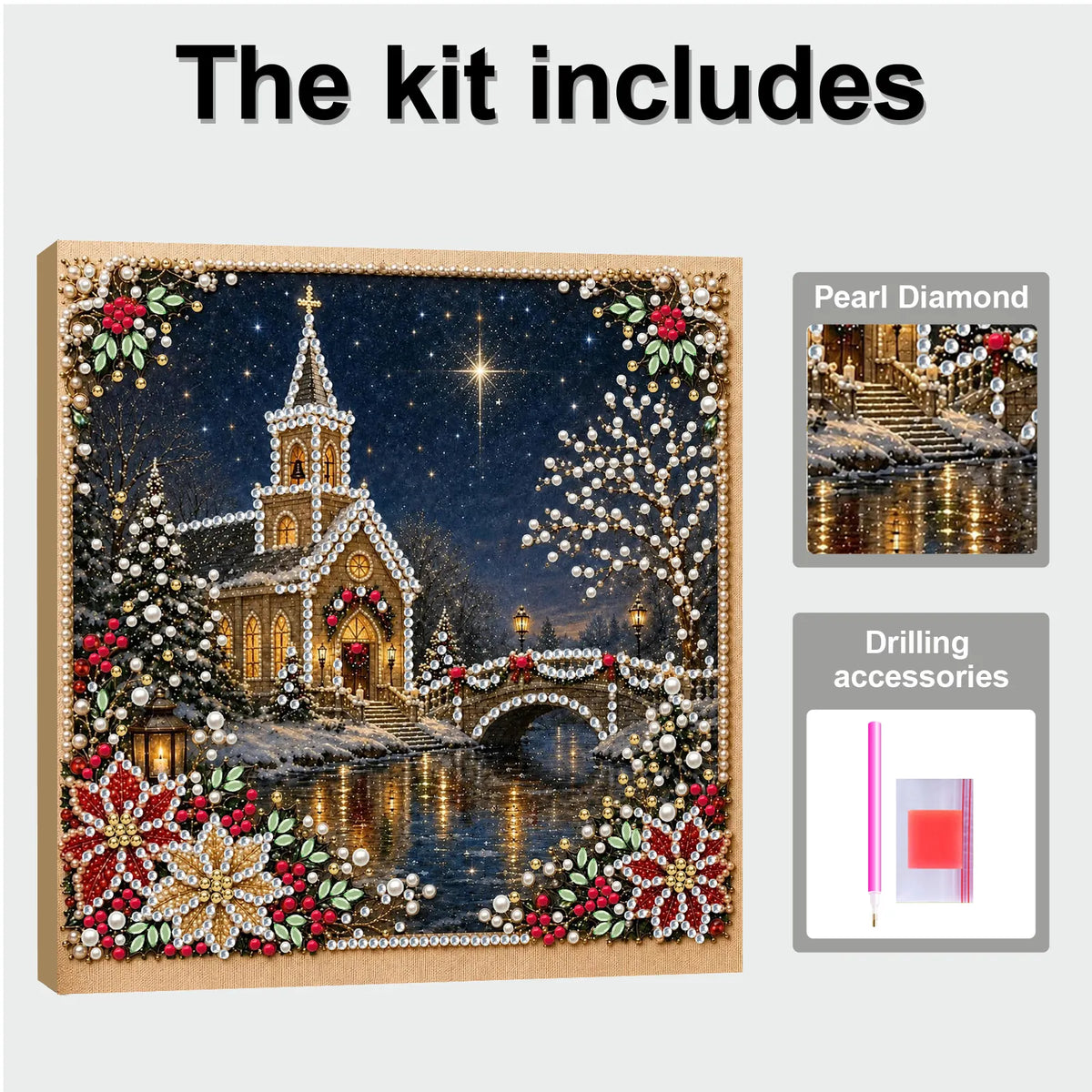 DIY Pearl Painting Christmas Church with Frame(20x20cm)