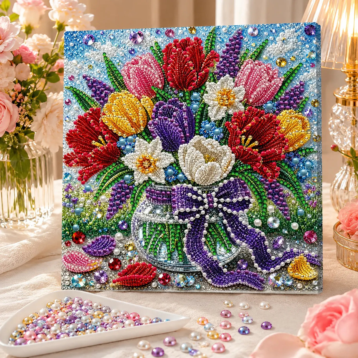 DIY Pearl Painting Tulips with Frame(20x20cm)