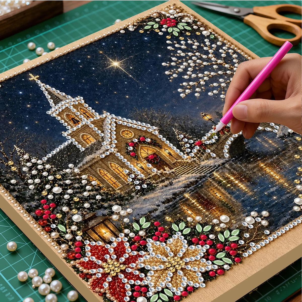 DIY Pearl Painting Christmas Church with Frame(20x20cm)