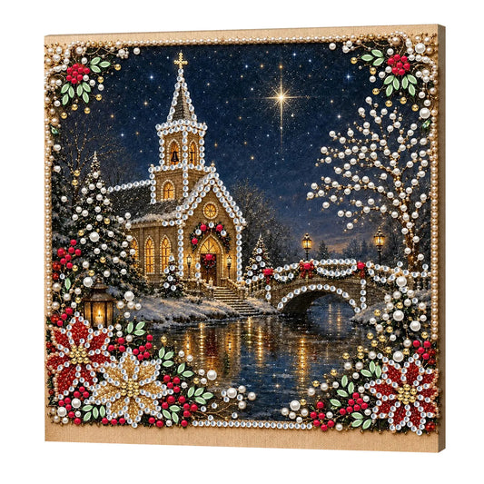 DIY Pearl Painting Christmas Church with Frame(20x20cm)