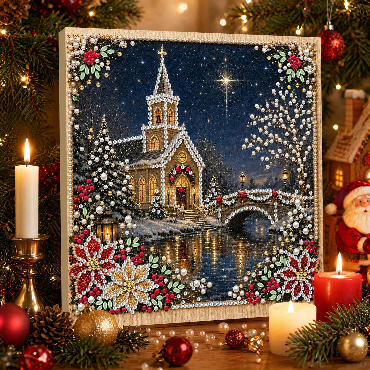 DIY Pearl Painting Christmas Church with Frame(20x20cm)