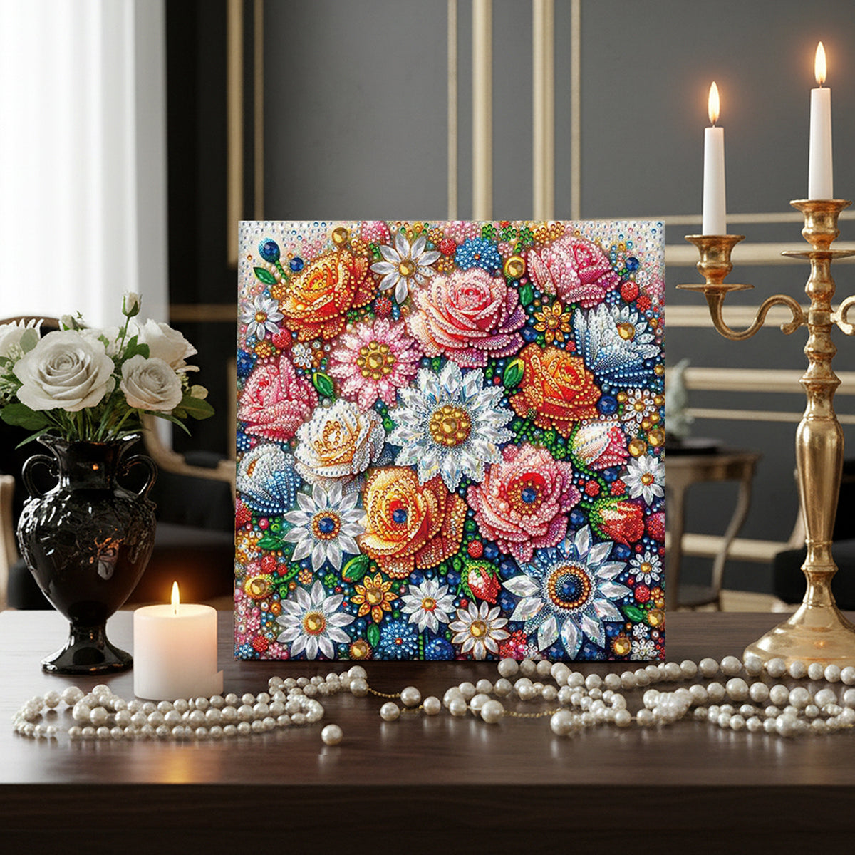 Flower DIY Special Shape Drill Art Craft Pearl Diamond Painting with Frame 25x25cm Diamond Art Pearl Painting Kit for Adults Beginners Home Decor