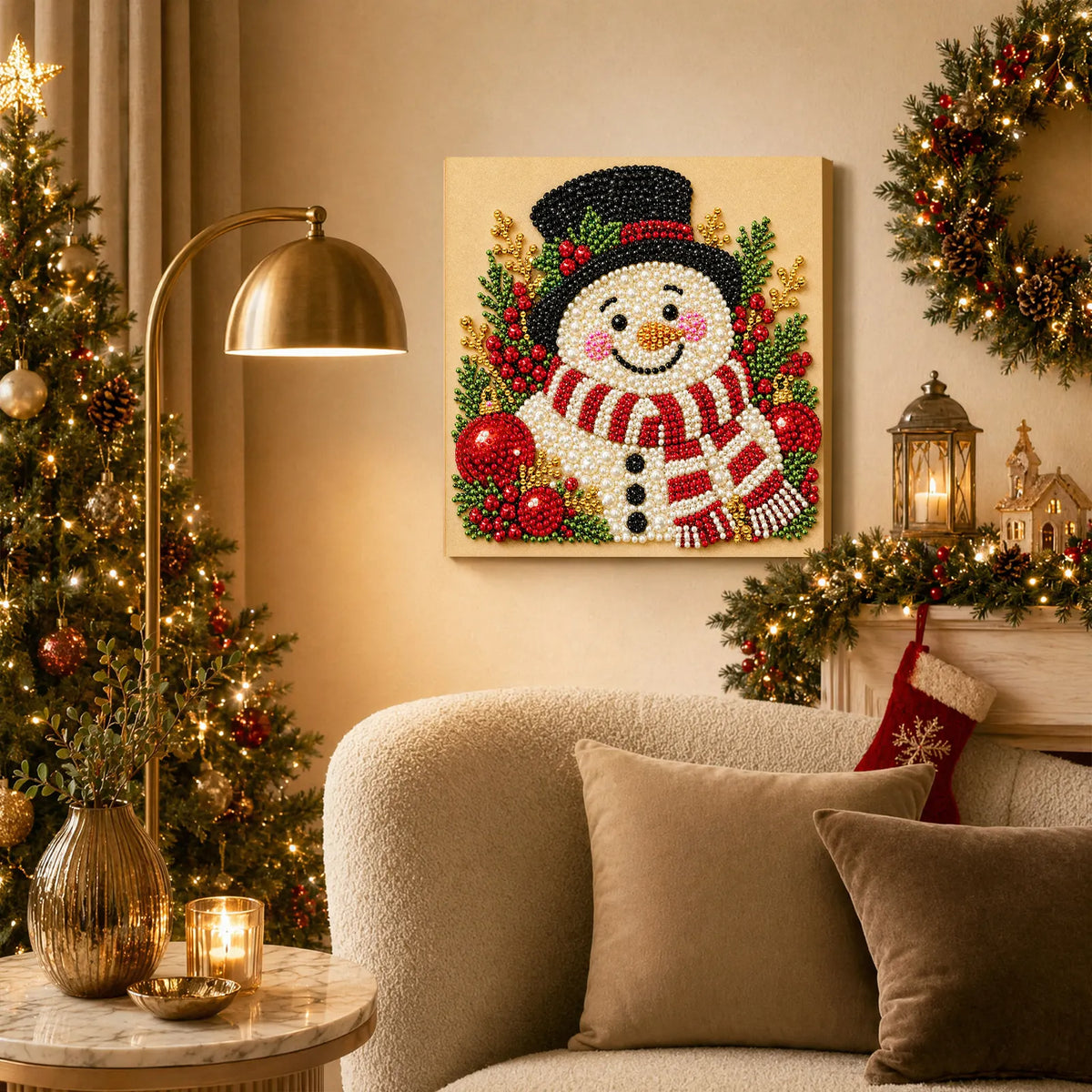 DIY Pearl Painting Christmas Snowman with Frame(20x20cm)