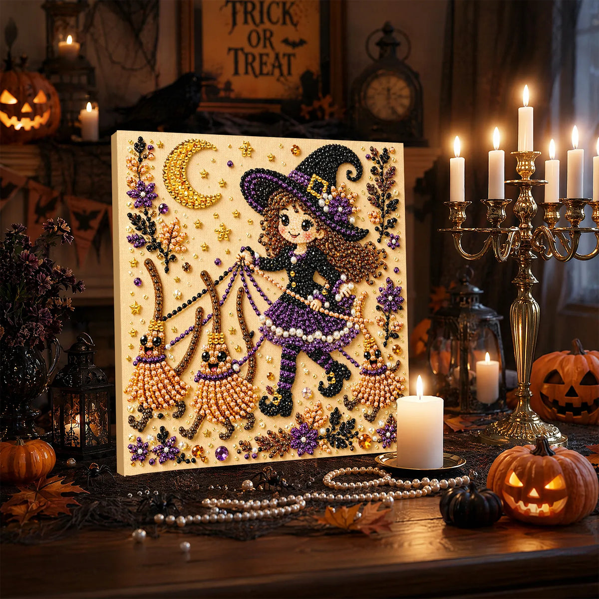 DIY Pearl Painting Halloween Witch with Frame(20x20cm)