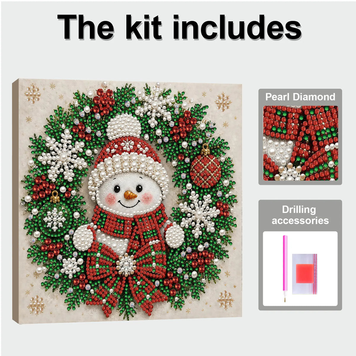 DIY Pearl Painting Christmas Snowman with Frame(20x20cm)