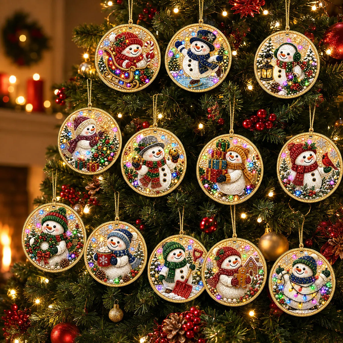 12 Pcs Diamond Painting PET Single-sided Xmas Snowman Christmas Tree Hanging Ornaments