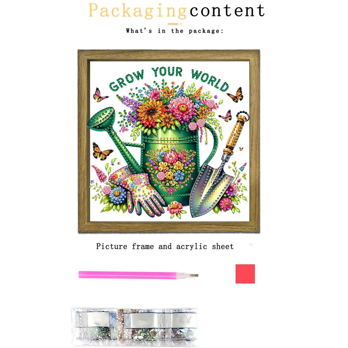 Watering Can DIY Special Shape Double sided Print Clear Diamond Art Kit Wooden Framed Diamond Painting Kit(22x22cm)