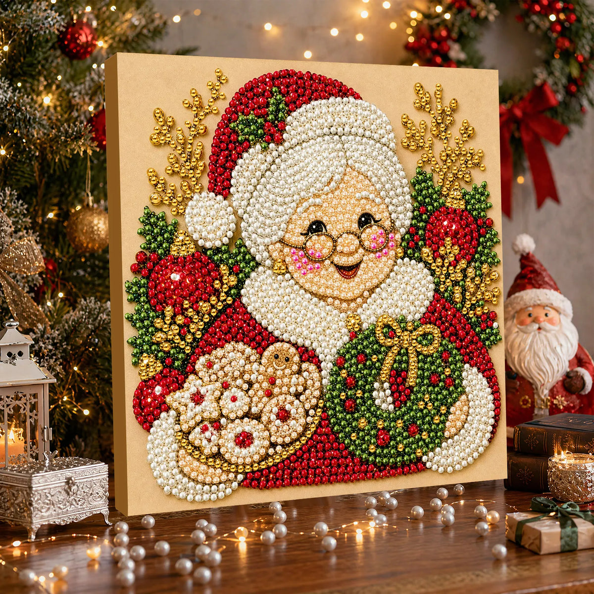 DIY Pearl Painting Christmas Gandmother with Frame(20x20cm)