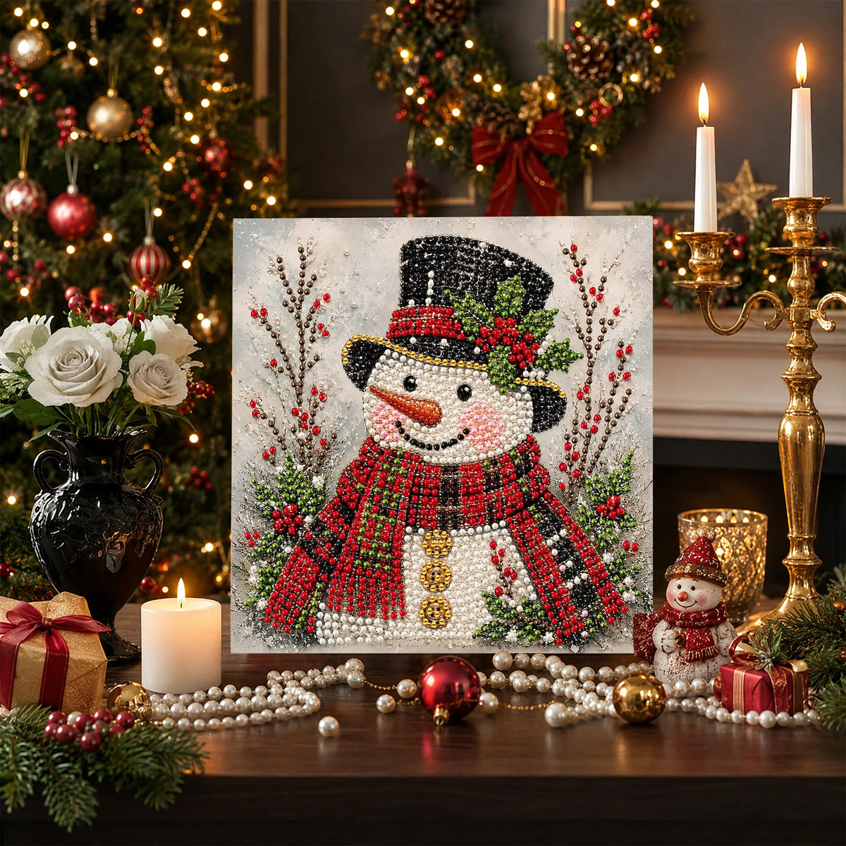 DIY Pearl Painting Christmas Snowman with Frame(20x20cm)
