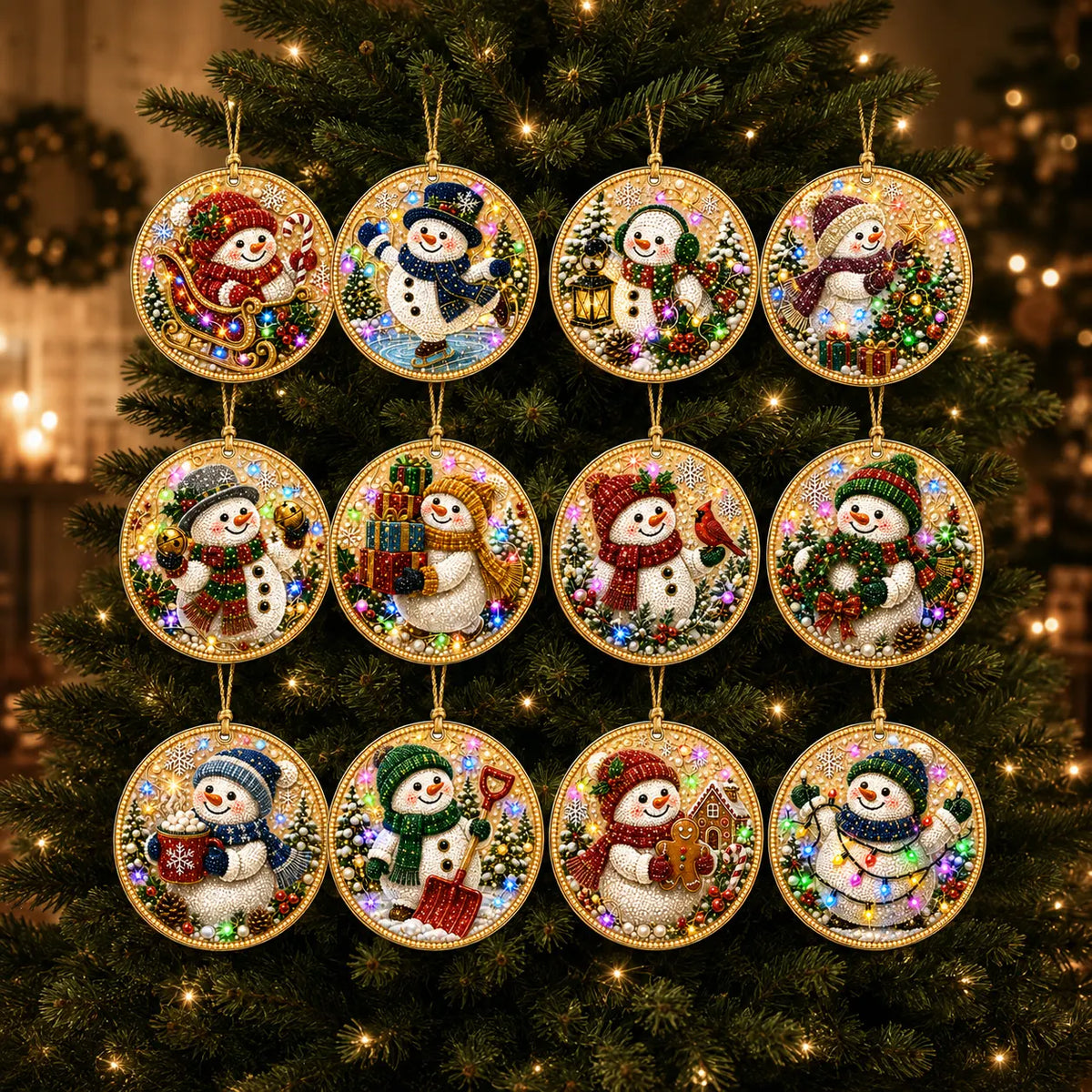 12 Pcs Diamond Painting PET Single-sided Xmas Snowman Christmas Tree Hanging Ornaments