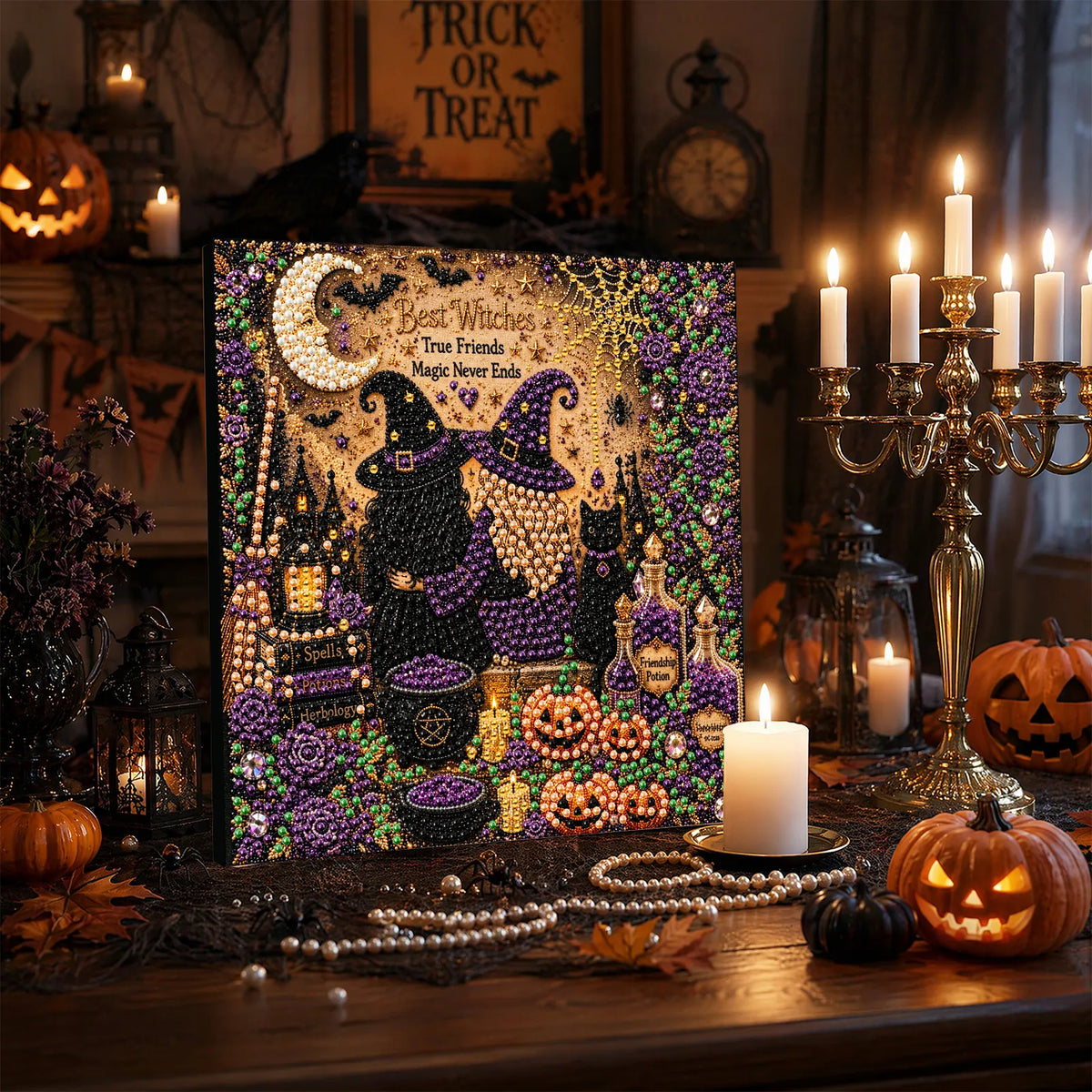 DIY Pearl Painting Halloween Witch with Frame(20x20cm)