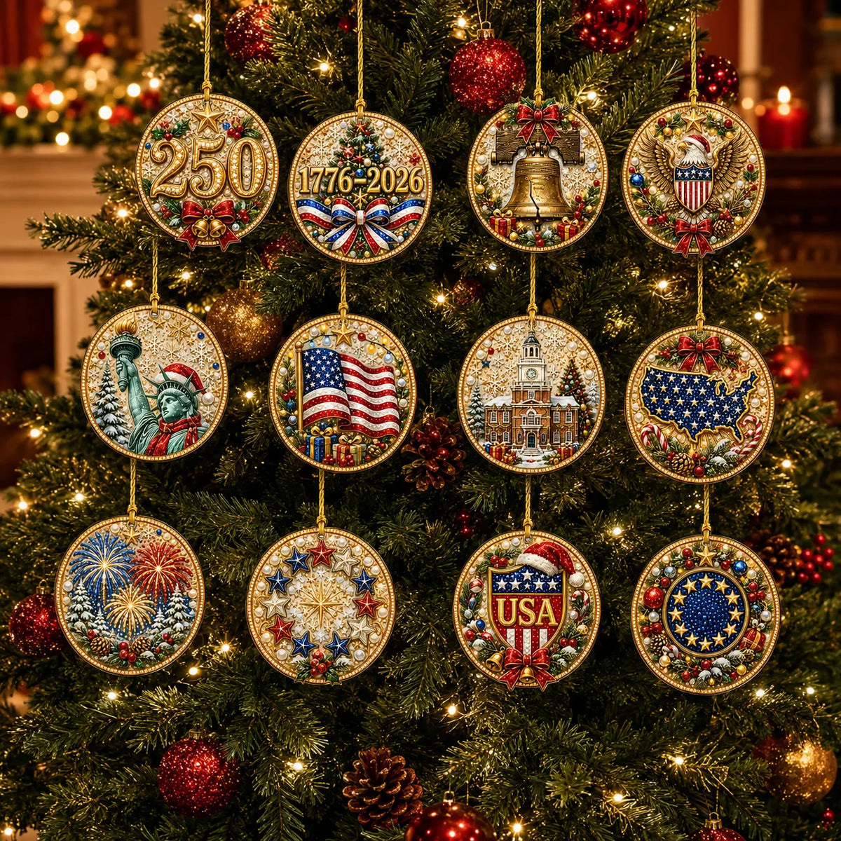 12 Pcs Diamond Painting PET Single-sided Xmas 250th Anniversary Christmas Tree Hanging Ornaments