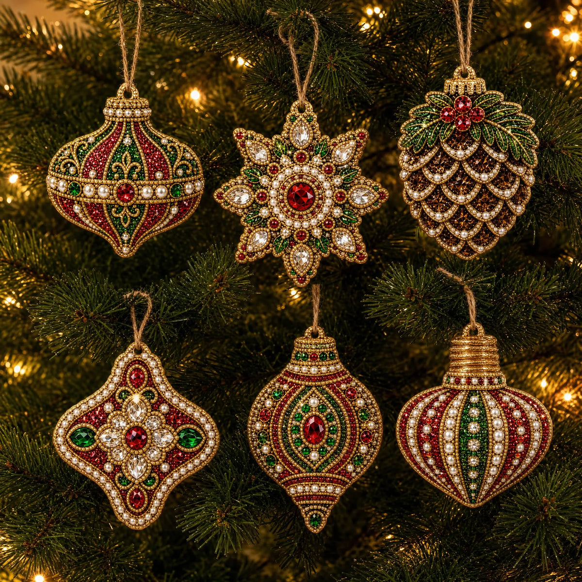 6Pcs Diamond Painting Acrylic  Single-sided Luxury Pearl Baubles Pendant Christmas Tree Ornament Decoration