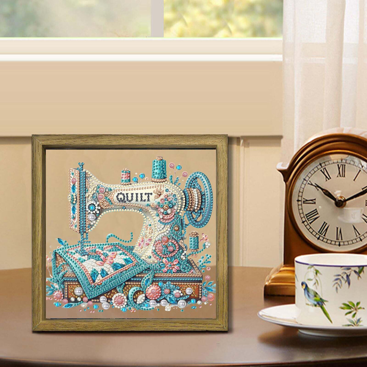 Sewing Machine DIY Special Shape Double sided Print Clear Diamond Art Kit Wooden Framed Diamond Painting Kit(22x22cm)