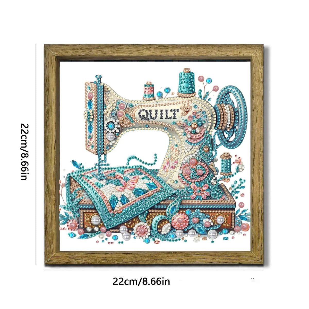 Sewing Machine DIY Special Shape Double sided Print Clear Diamond Art Kit Wooden Framed Diamond Painting Kit(22x22cm)