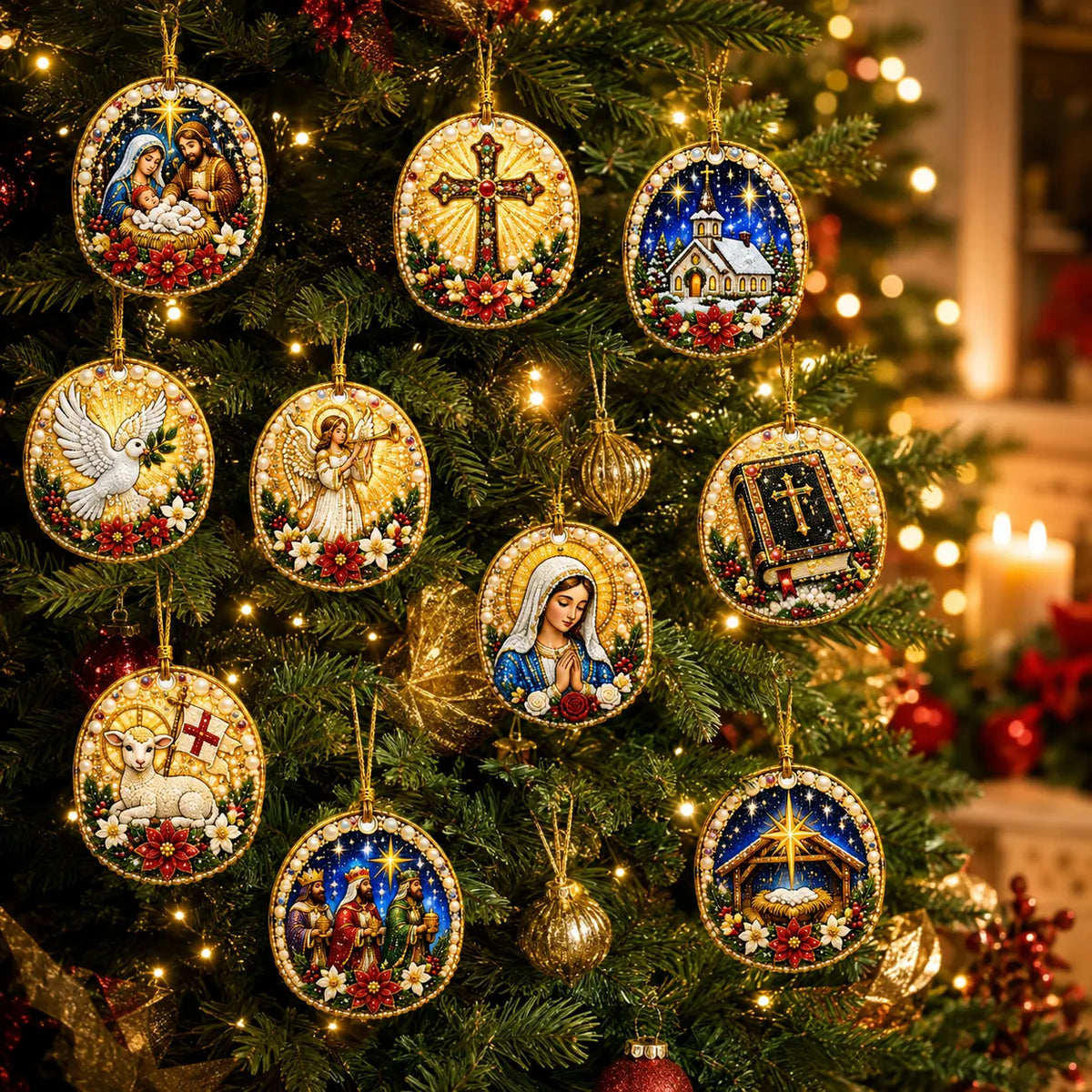 10Pcs Diamond Painting Acrylic Jesus Christmas Tree Ornament for Decorations