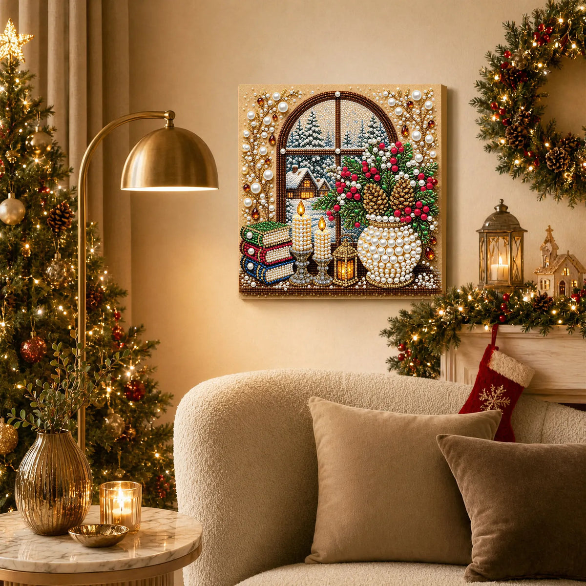 DIY Pearl Painting Christmas Window View with Frame(20x20cm)