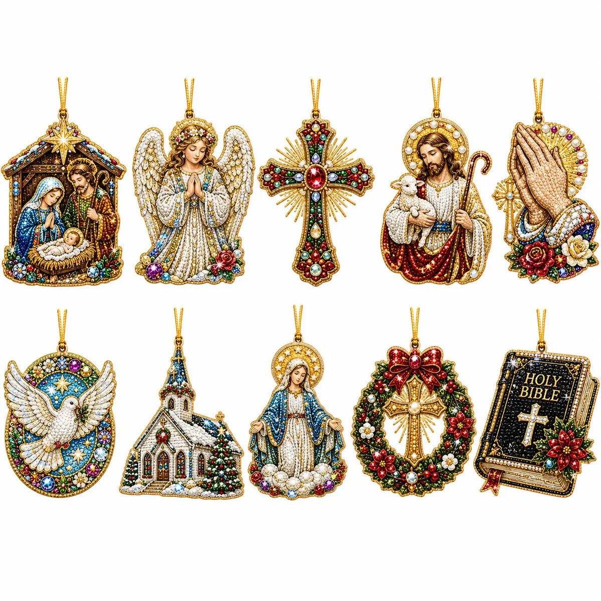 10Pcs Diamond Painting Acrylic Faith Christmas Tree Ornament for Decorations