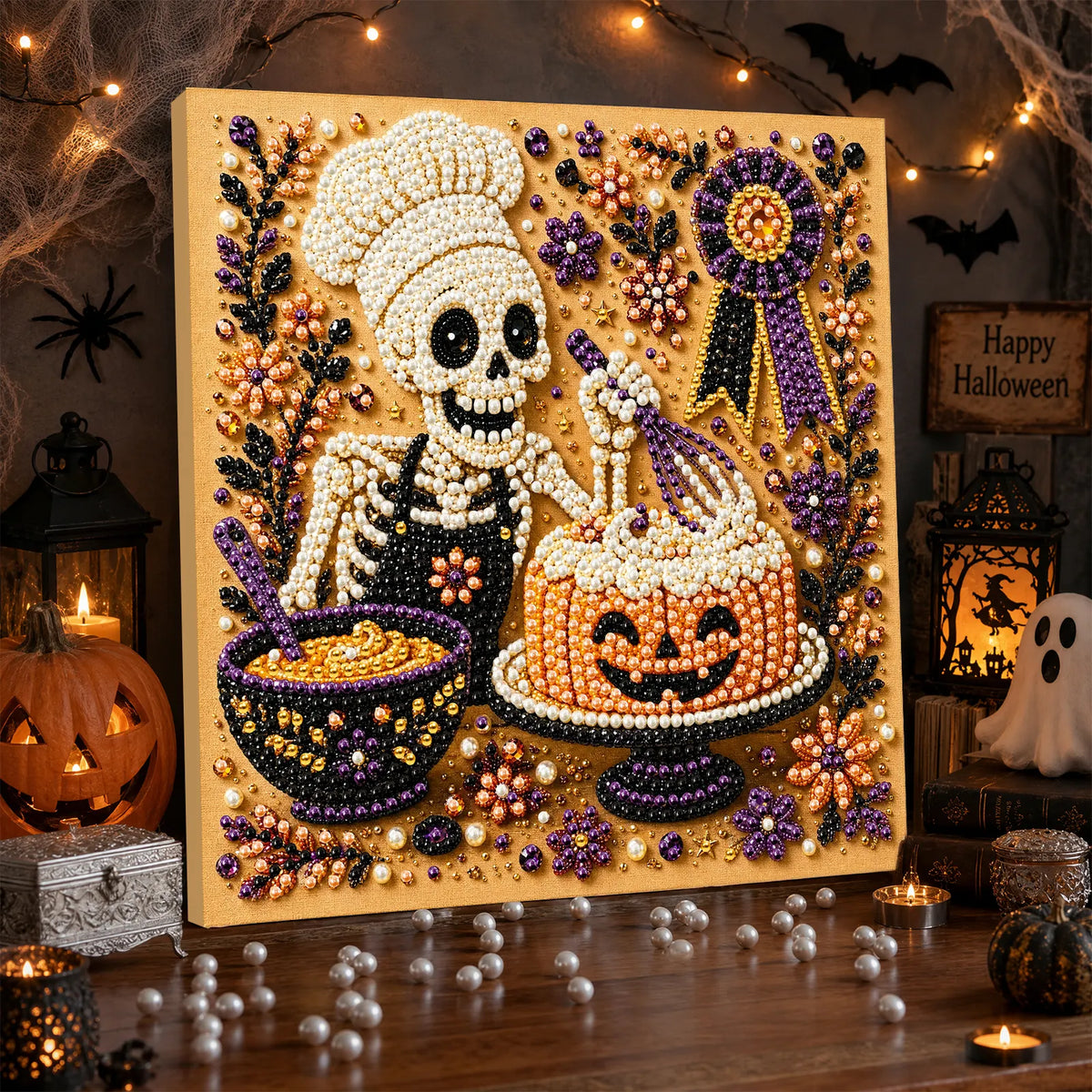 DIY Pearl Painting Halloween Cuisine with Frame(20x20cm)
