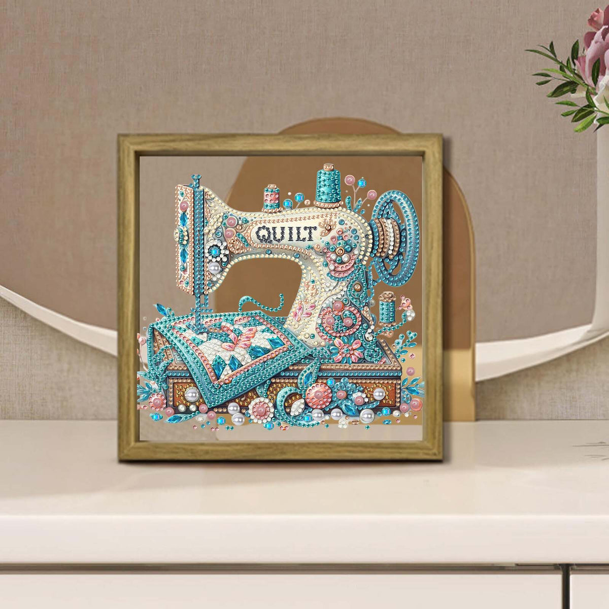Sewing Machine DIY Special Shape Double sided Print Clear Diamond Art Kit Wooden Framed Diamond Painting Kit(22x22cm)