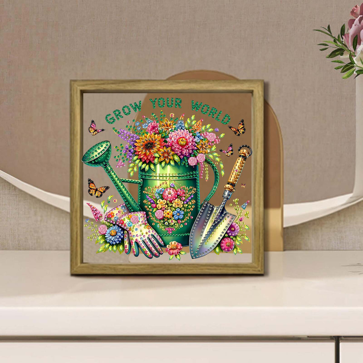 Watering Can DIY Special Shape Double sided Print Clear Diamond Art Kit Wooden Framed Diamond Painting Kit(22x22cm)