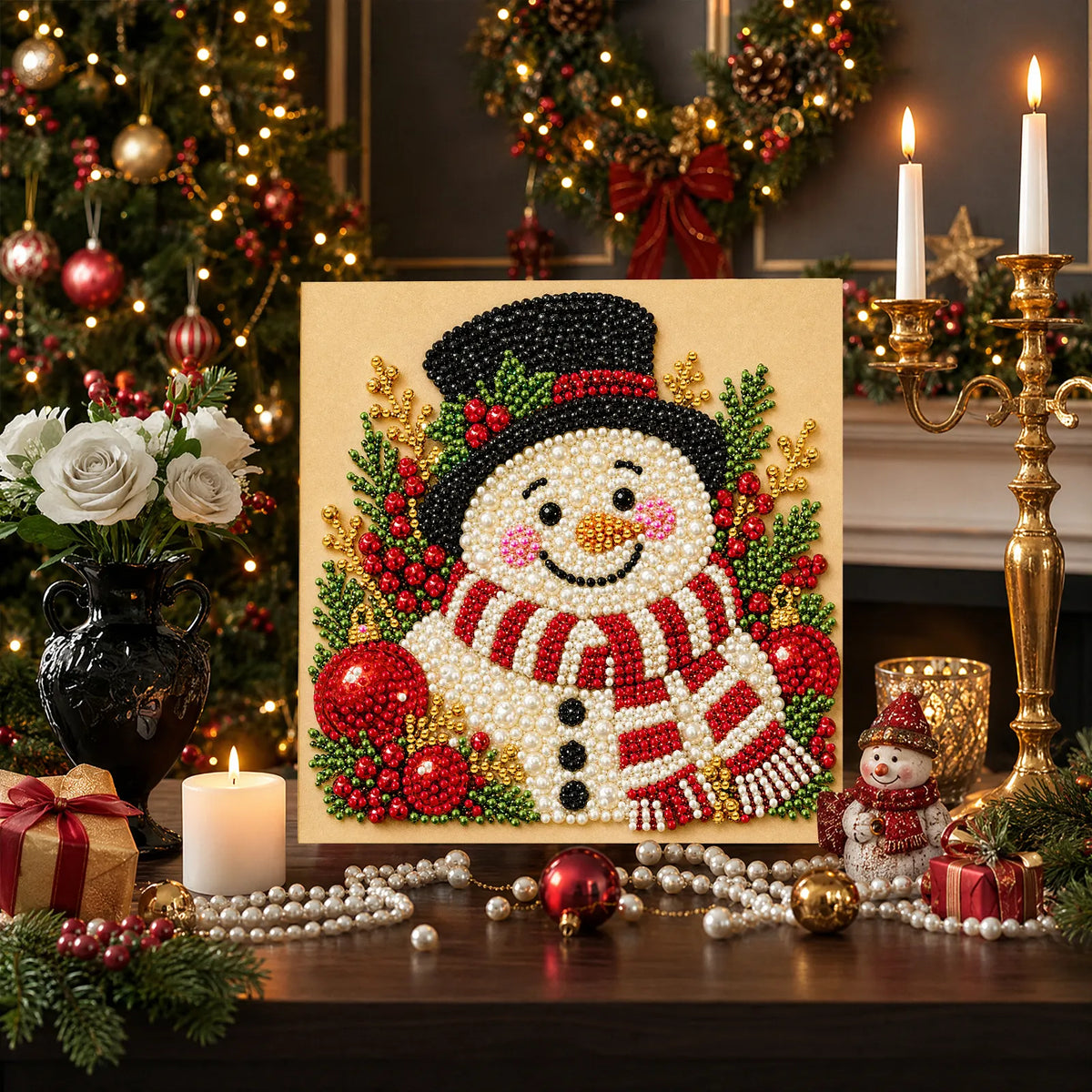 DIY Pearl Painting Christmas Snowman with Frame(20x20cm)