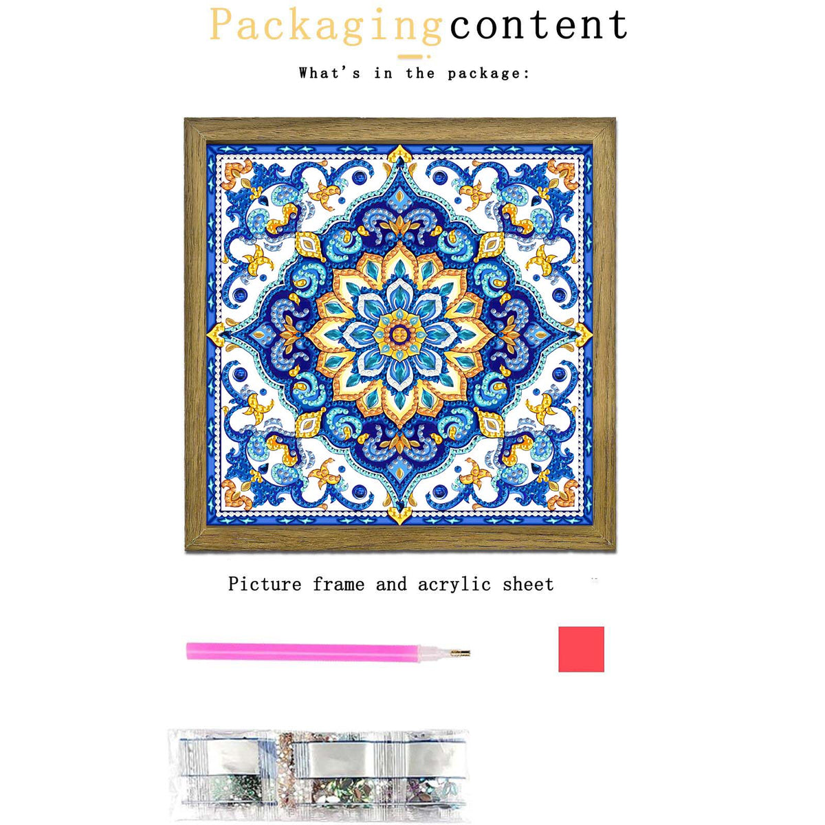 Mandala DIY Special Shape Double sided Print Clear Diamond Art Kit Wooden Framed Diamond Painting Kit(22x22cm)