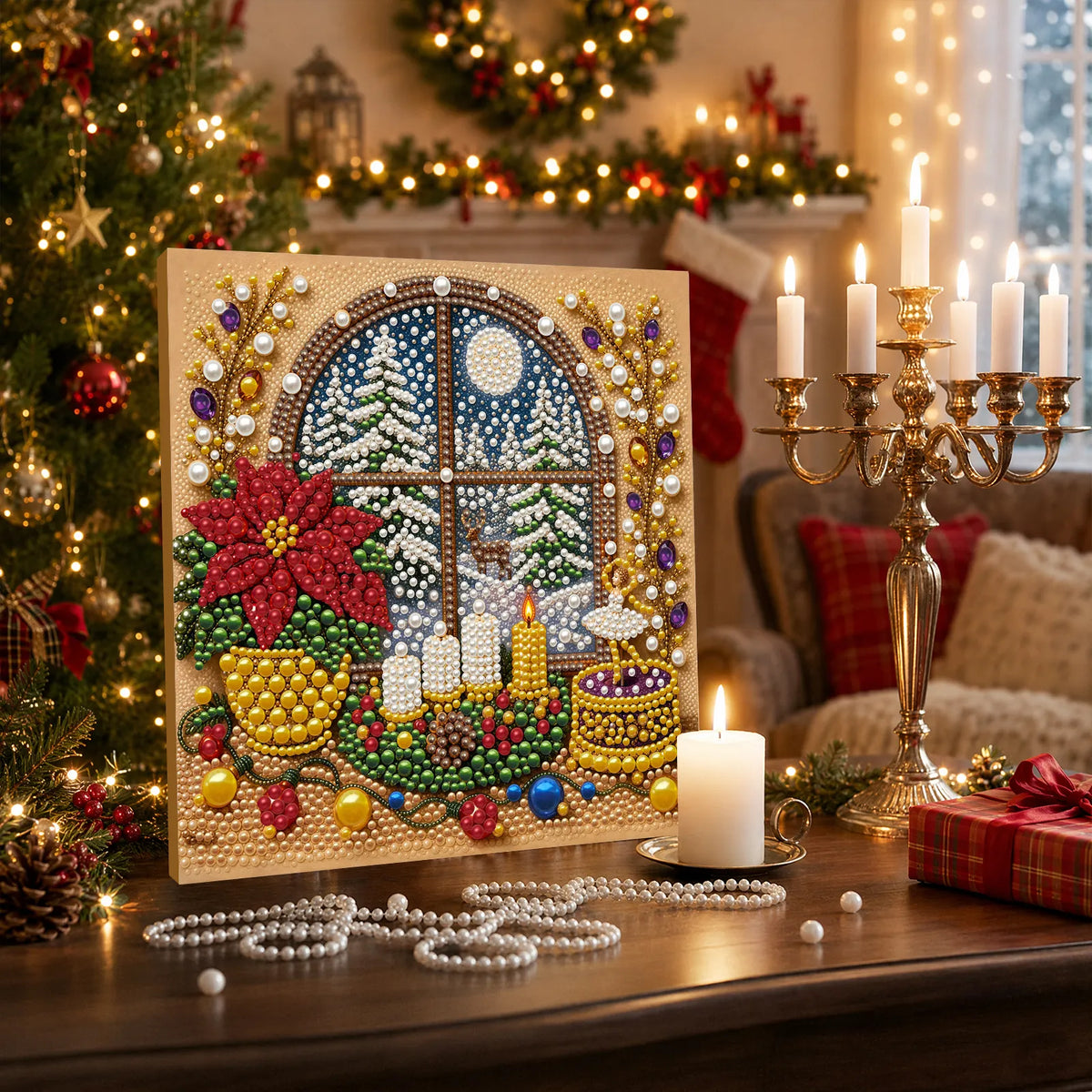 DIY Pearl Painting Christmas Window View with Frame(20x20cm)