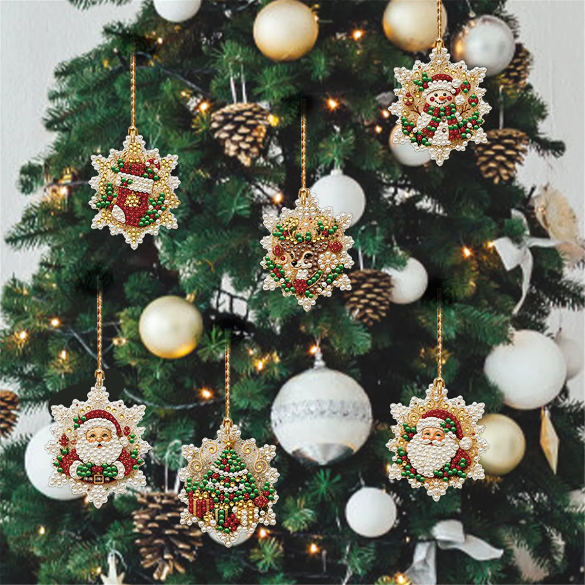 6Pcs Diamond Painting Wooden Christmas Tree Hanging Ornaments for Decorations