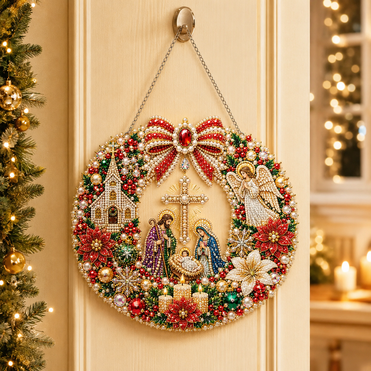 Diamond Painting Acrylic Christmas Religious Wreath Pendant For Home Wall, Door & Window Decoration